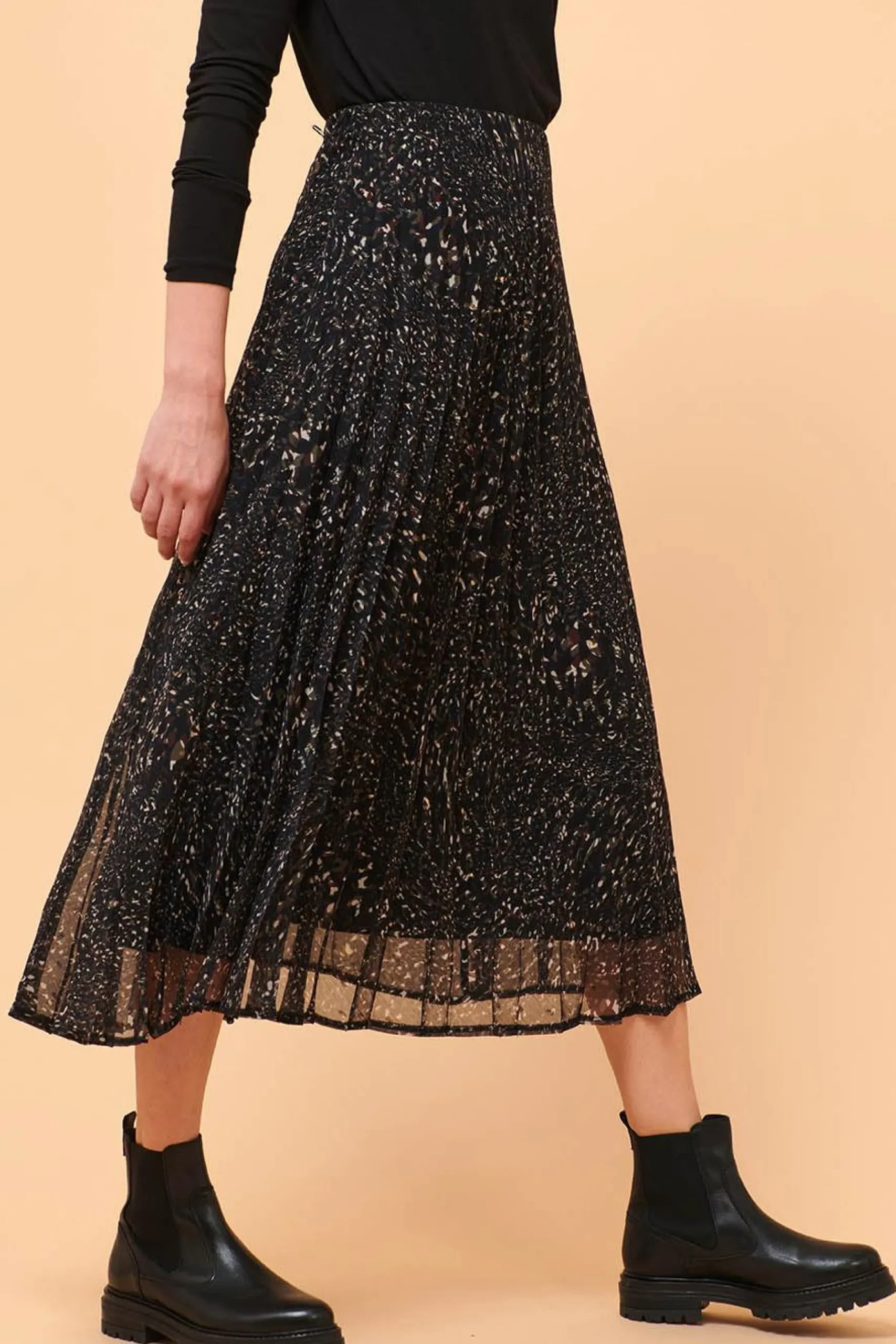 Fashion La Fée Maraboutée Jupe longue plissée imprimée - S/36 Noir