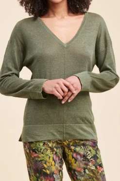 Discount La Fée Maraboutée Pull fluide en lin à manches longues - M Vert