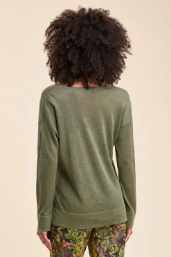 Discount La Fée Maraboutée Pull fluide en lin à manches longues - M Vert